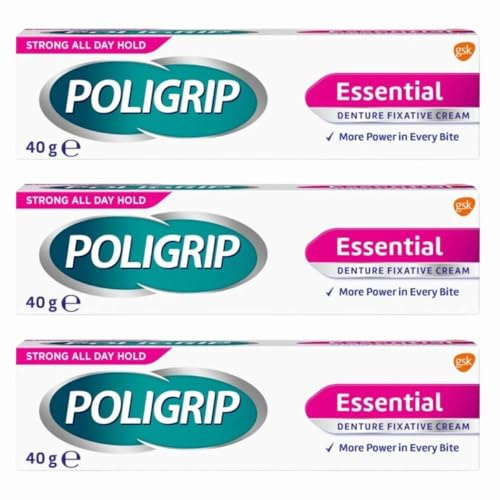Poligrip Essential Lot de 3 crèmes fixatrices pour prothèses dentaires 40 g Tenue et confort tout au long de la journée – Formule sans zinc – Aide à sceller les aliments – Adhésif puissant pour