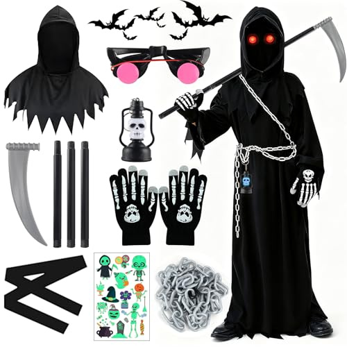 Déguisement Faucheuse Enfant, Costume Halloween Enfant avec Faux, Lunettes Lumineuses, Gants De Squelette et Accessoires, Déguisement Scream pour Garçons Filles, pour Halloween et Carnaval (5-10 Ans)
