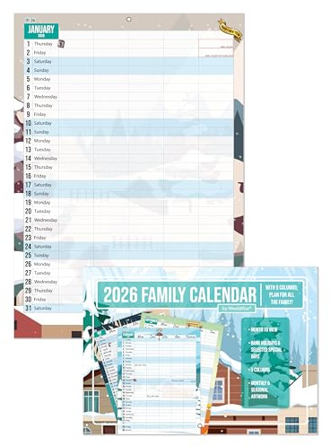 2026 Family Calendar with 5 columns - A4 size (opens to give A3 spread) - Month & Seasonal Themes w/illustrations! - Family, Home, Study, Office, Work, Business