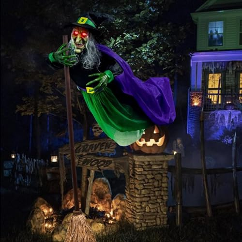 6 FT Flying Witch Halloween Decorations Outdoor with Scary Sounds and Lights, Animated Hovering Witch Prop for Garden Yard Lawn Indoor Outdoor Halloween Decorations (A)