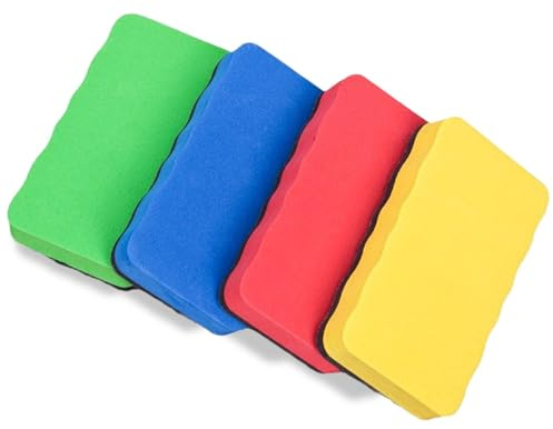 4 Pcs Magnetic Whiteboard Erasers, Heavy Duty Board Rubbers 10.2cm | Thick felt pads, strong magnetic backing, 4 colours, easy grip design, suitable for home, office and classroom use