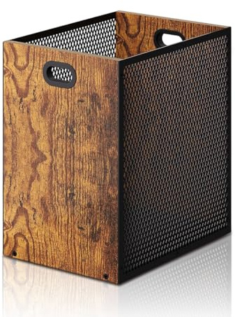 Zinueen Cestino per la Spazzatura in Legno, 16,8 l, Grande con Design Retrò, per Camera da Letto e Ufficio, Griglia in Ferro con Manico, 28 x 20 x 30 cm