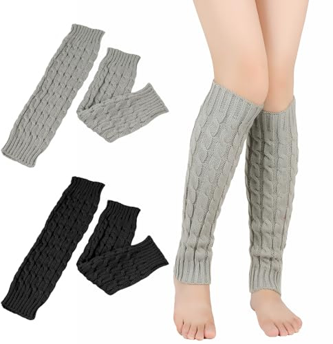 wlertcop Stulpen Damen Lange Gestrickt Beinwärmer Beinstulpen(Schwarz+Grau)