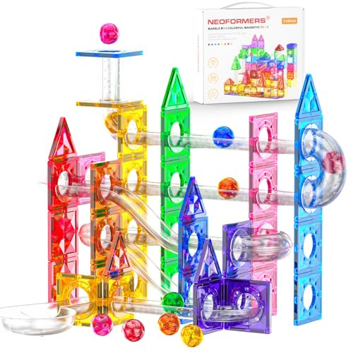 NEOFORMERS 115Pcs Magnetic Marble Run Set for Kids, STEM Building Toys with Racing Track Tiles, Funnels & Slopes, 3D Construction Marble Maze Educational Learning Gift for Boys & Girls Ages 3-8+