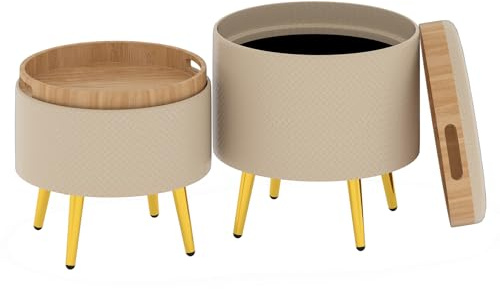 GIANTEX Juego de 2 Taburetes Redondos Bajos, 23L+6L, Puff Almacenaje con Tapa Reversible y Espacio de Almacenamiento, Tapizados de Piel Sintética, Otomanas para Salón, Dormitorio, Entrada