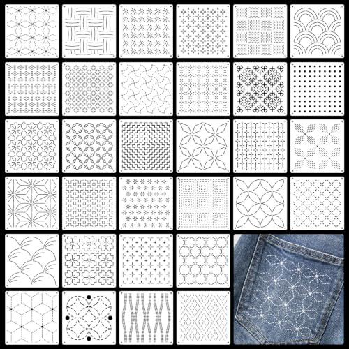 32 stycken Sashiko-mallar återanvändbara Sashiko-mallar 13 x 13 cm geometriska broderistabilisatorer präglingsmallar för ritning, handquiltning, sömnad, textildesign