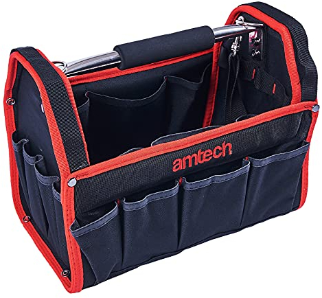 Amtech - Tool Tote Bag, Open Tote Tool Bag with 19 Pockets for Electricians, Technicians, Plumbers, and More, Heavy Duty and Waterproof, Cushioned Handle, Detachable Shoulder Strap (13”)