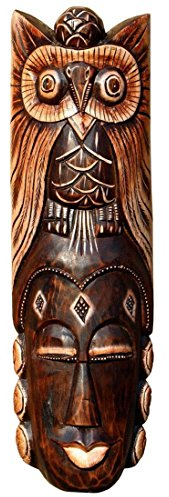 Wogeka Schöne 50 cm Eule Holz Maske Owl Afrika Wandmaske Handarbeit Bali Maske88