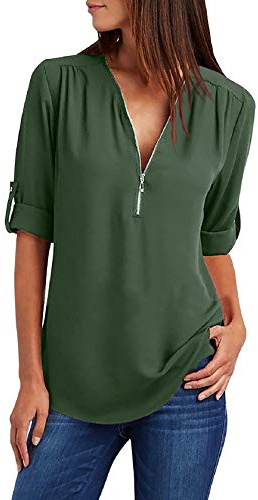 Tuopuda Magliette Donna Estive Camicette Manica Lunga Camicia Elegante Blusa Moda T-Shirt Scollo a V Top con Cerniera Tee Maglietta Casual Shirt Tinta Unita Pullover Taglie Forti, Verde, L