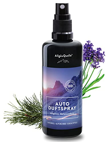 AllgäuQuelle® Auto Duftspray | Der BIO Auto-Duft als natürlicher Auto-Duftspender mit Lavendel, Alpenzirbe u. Eukalyptus | ideales Auto Zubehör für Auto Innenraum und Wohnmobil
