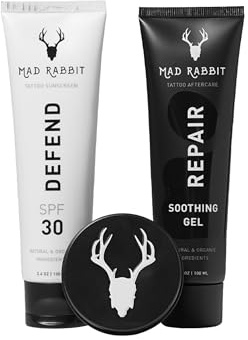 Mad Rabbit Tattoo Care Bundle Kit (3-Piece) Repair Soothing Gel, Enhance Balm & Defend SPF 30 Sunscreen - Full Coverage Tattoo Care Kit for New & Current Tattoos
