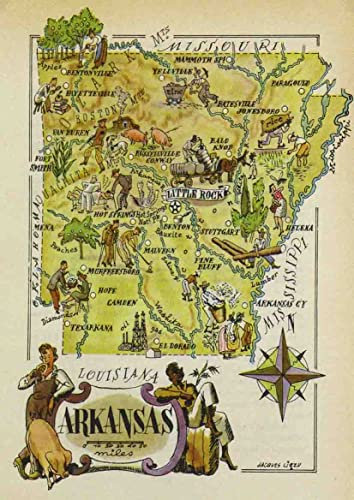 ARA STEP - Mappa delle città vintage degli Stati Uniti, mappa pittorica dell'Arkansas, 1946, carta lucida, a colori, 29,7 x 41,9 cm