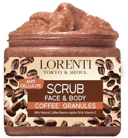 Lorenti Scrub al caffè viso e corpo, olio di jojoba e vitamina E, anticellulite, smagliature, rughe, disintossicante, 500 ml