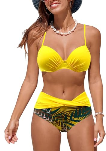 JFAN Maillot de Bain Femme 2 Pieces Bikini Couleur Bonbon Push Up Imprimé Maillot Bain Ventre Plat Maillots Deux Pièces Taille Haute Classique Jaune XL