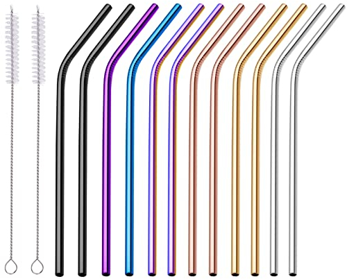 12 Pezzi Cannucce Acciaio,Cannucce Metallo Cannucce Riutilizzabili Paglia Curva In Acciaio Inox 20.5cm,con 2 Spazzole per la Pulizia,6mm Dímetro,per Cocktail,Tè Al Latte,Bevande-7 Coloris
