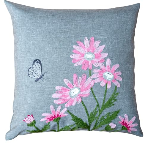 Cojín decorativo con aspecto de lino bordado, decoración para comedor, serie margaritas, flores, funda de cojín gris, bordado de mariposa, cojín de sofá, primavera, 40 x 40 cm, color rosa