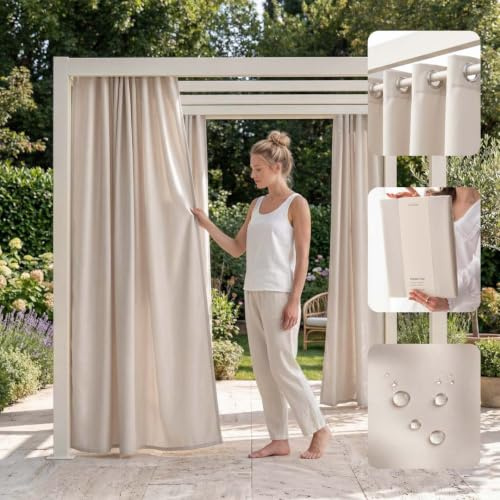 ROOM99 Utomhusgardiner med öljetter Garden Line 155 x 200 cm bredd x höjd utomhus gardin väderbeständig vattentät insynsskydd solskydd gardiner trädgård vindtät ljusbeige