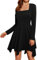 Damen Retro Schwarz Partykleid Quadratischer Ausschnitt Langarm A Linien Swing Kleid für Party Schwarz M