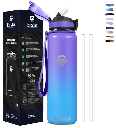 Grsta Bouteille d'eau isotherme de 1 litre - Sans BPA - Double paroi sous vide - Bouteille d'eau sans fuite - Bouteille d'eau en métal pour l'école, le sport