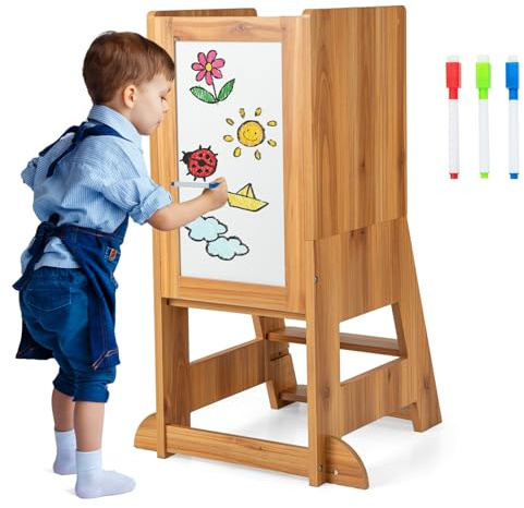 GYMAX Torre di Apprendimento per Bambini, Torre da Cucina in Legno con Lavagna, 3 Penne, Piattaforma e Gradino Regolabili, Ringhiera di Sicurezza Rimovibile, per Cucina, Bagno (Naturale)