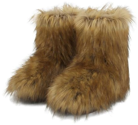 MAIJED Brown Fur Boots for Women Fluffy Furry Short Snow Boots Fashion Fuzzy Mid-Calf Warm Boots Outdoor Flat Shoes