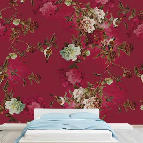 DSKJoviality Papel pintado floral rojo vintage para despegar y pegar, papel tapiz floral autoadhesivo, tamaño grande, apto para sala de estar, dormitorio, restaurante