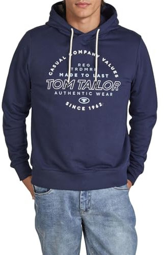 TOM TAILOR Hoodie Herren Regular Fit Kapuzenpullover Pullover Print Schwarz,Größe:L, Farbe:Real Navy Blue (10360)