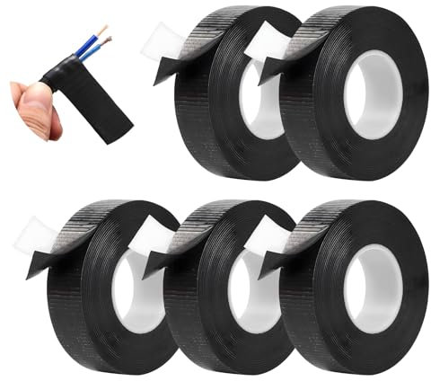 Tomalithic Cinta Aislante,5 Piezas Cinta Aislante Negra, Cinta Protectora Aislante Adhesiva Autosellante para Proteger, Agrupar y Reparar Cables(10 Kv Y Menos), 25mm X 0.8mm X 5yd