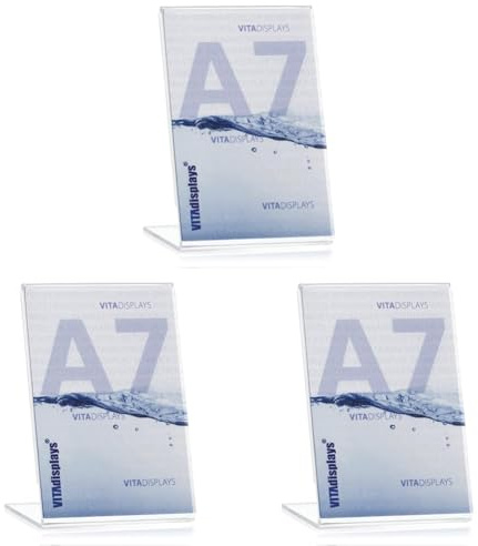 VITAdisplays® DIN DIN A7 Werbeaufsteller/Preishalter/Fotoaufsteller (7,4×10,5cm), Transparent aus original PLEXIGLAS® (Packung mit 3)