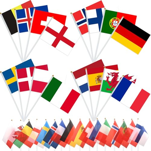 AhfuLife 16 Nations Countries Flags on Stick, 16 European Hand Held Double Sides Fabric Small Flags Banner with 30cm White Pole for Eurovision Rugby Euro Football World Cup Party Garden Street Decor
