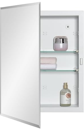 IDYLLOR Bathroom Medicine Cabinet with Beveled Edge Mirrored Door 14 x 18 inch, Recessed or Surface Mount, with Adjustable Glass Shelves