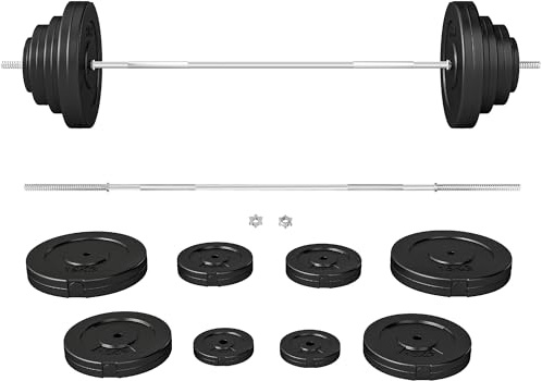HOMCOM Barra de Pesas 70 kg con Mancuernas Set de Pesas Ajustables con 8 Discos 1,5kg 5kg 10kg 15kg y 1 Barra Juego de Mancuernas para Entrenamiento de Fuerza en Hogar Gimnasio 170x40,5x40,5 cm Negro