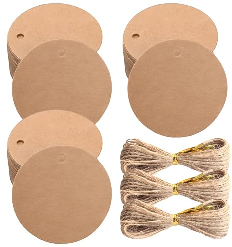 Confezione da 300 etichette rotonde in carta kraft da regalo per scrivere, con corda di canapa da 60 metri, per feste, artigianato, matrimoni, Natale, confezioni