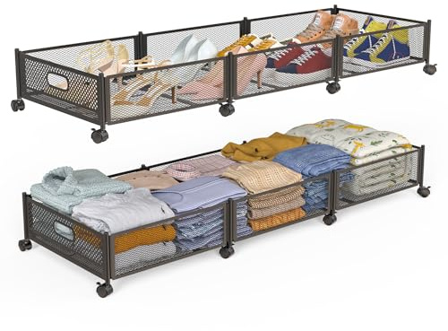 Under Bed Storage With Wheels, 47.2''/90lbs/57.6L, Metal Frame Under Bed Rolling Storage, Tool-Free Assembly Underbed Drawers, Underbed Organizer Containers for Shoes, Clothes and Toys (2 Pack)