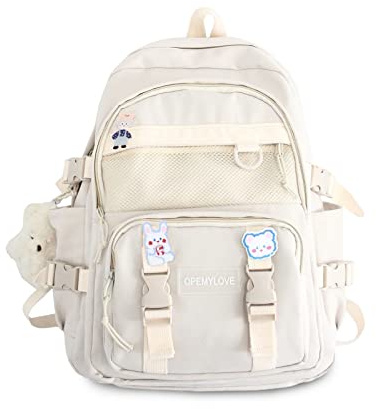 FANDARE Damryggsäck, dagryggsäck för arbete och resor, vattentät nylon med 15,6 tums laptopfack, ryggsäck för kvinnor med björnhänge och tecknat märke, Vit, L