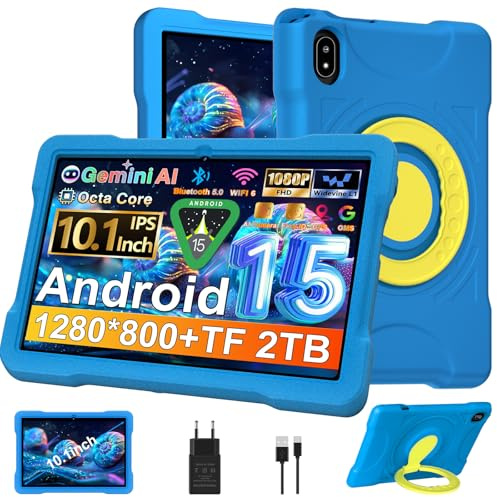 Tablet 10 Pollici Android 15 con 30GB RAM+TF 2TB,Octa-Core 2.0 Ghz, Gemini AI/Widevine L1, 5G WiFi/Bluetooth 5.0, 1080*800/5MP+8MP, Newest Tablet Bambini con Caso EVA + Staffa girevole a 360°, Blu