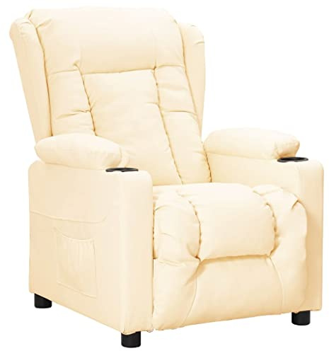 QUAHEAS Cremefarbener Relaxsessel aus Kunstleder, manuell verstellbar, mit Getränkehaltern, bequemer Lesesessel für Wohnzimmer und Schlafzimmer