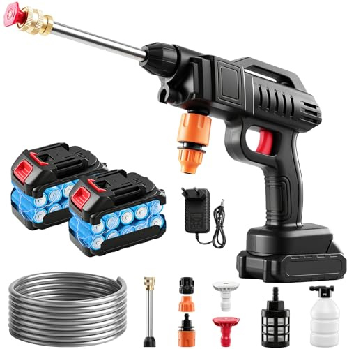 Idropulitrice a Batteria 3000W, Pulitrice ad Alta Pressione Portatile Senza Fili con 2 Batterie 2.0Ah e 2 Ugelli, Lancia per Auto Moto Giardino e Pavimenti Esterni