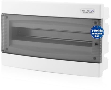 Intratec Coffret de Distribution Encastré 1 Rangée – Coffret IP40 pour 18 Modules avec Porte Transparente et Rail pour Installation Électrique Facile à Domicile & en Entreprise – 392 x 232 x 106mm