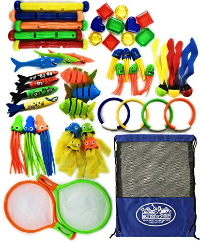 Matty's Toy Stop 47 Piece Super Ultimate Dive Set for Diving/Swimming Pools Featuring Dive Sticks, Dive Rings, Gems, Balls, Fish, Torpedo, Shark, Octopus, Jellyfish, Fishing Nets & Bonus Storage Bag
