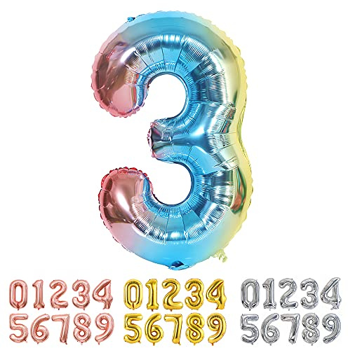 Ponmoo Foil Balloon Number 3 Gradient Blue, Giant Numbers 0 1 2 3 4 5 6 7 8 9 10-19 20-29 30-39 40-49 50-60-70-80-90-100, Large Balloons for Wedding Anniversary Birthday Party Decoration