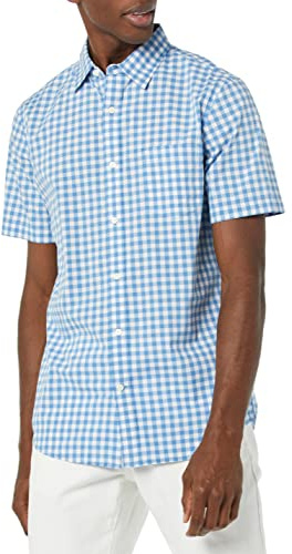Amazon Essentials Chemise en Popeline à Manches Courtes Coupe Ajustée Homme, Bleu Clair Blanc Motif Vichy, M
