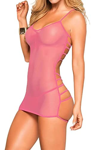 ROSVAJFY Women's Mesh Mini Dress Babydoll Lingerie Backless Hollow Out Transparent Bodycon Nightdress Sexy Negligee See Through Dress Stretchy Nightwear Nightgown