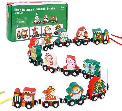 TSLBW Magnetic Christmas Train Toys 14 Pcs Christmas Wooden Trains Learning Educational Montessori Track Toys for Under 6 Years Old Boys Girls Kids Xmas Party Gifts