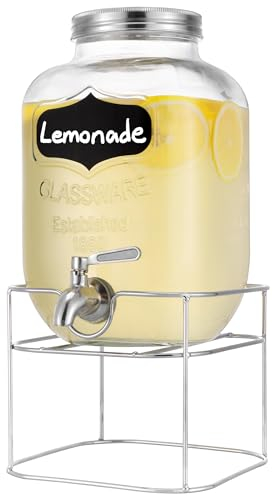 Navaris Getränkespender 5 Liter aus Glas - Zapfhahn aus Edelstahl und Ständer - Wasserspender Glasbehälter für kalte Getränke - Silberfarben