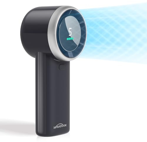 WHATOOK Ventilador Turbo Portátil Potente: 13500 RPM Enfriamiento Instantáneo, Carga Rápida USB 2H, Mini Ventilador de Mano Compacto con 5 Velocidades y Pantalla LED para Viajes/Deporte/Playa (Negro)