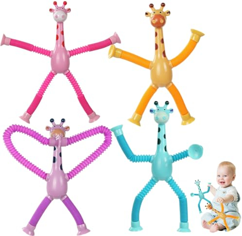 Teleskop Saugnapf Giraffe Spielzeug,4 Stück Teleskop-Saugnapf-Giraffe-Spielzeug, Telescopic Suction Cup Giraffe Toy, Cartoon Teleskop Rohr Giraffe Stretch für Kinder und Erwachsene