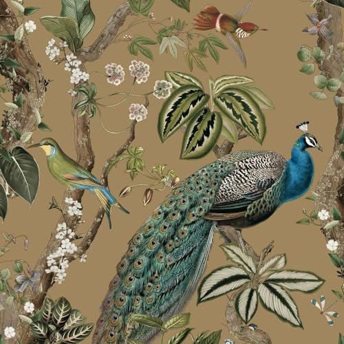 Peacock Woods Gold Wallpaper - Modern Naturistic Floral Flowers Birds - Stylish Trendy Feature Wall