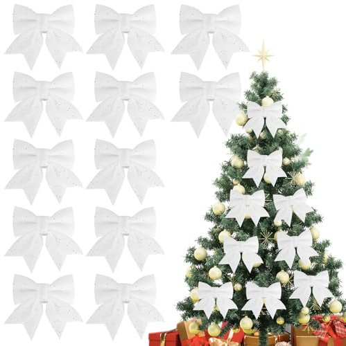 12 STK Weihnachtsschleifen, 12x15cm Weihnachtsbaum-Schleife, Schleifen Weihnachten, Christmas Glitter Bows, Glitzer Weihnachtsbaumschmuck Deko, Geschenk Weihnachtsdeko Schleifes für Tannenbaum (Weiß)