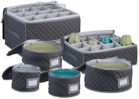 Relaxdays Contenitori per Stoviglie e Piatti, Set 6 Scatole Portapiatti, Porta Bicchieri Vino, Tazze, Organizer, Grigio, Poliestere